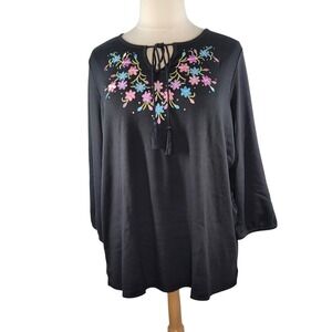 Quacker Factory Black Floral Tie-Neck Top